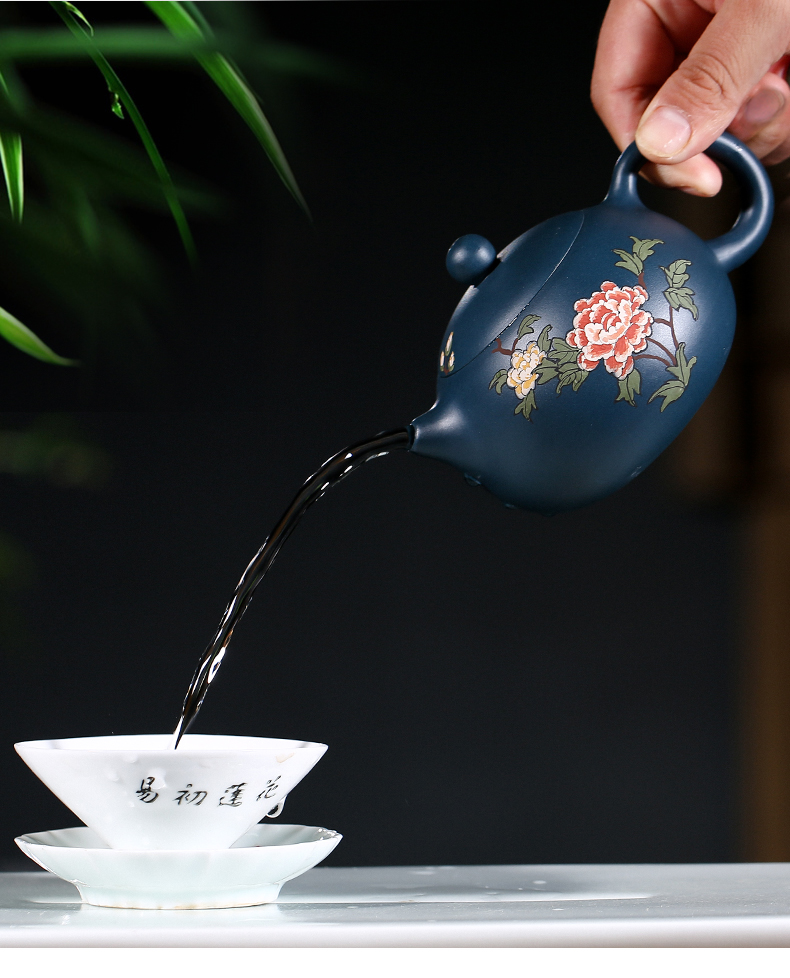 純手工紫砂壺，小巧琺瑯印花紫砂壺